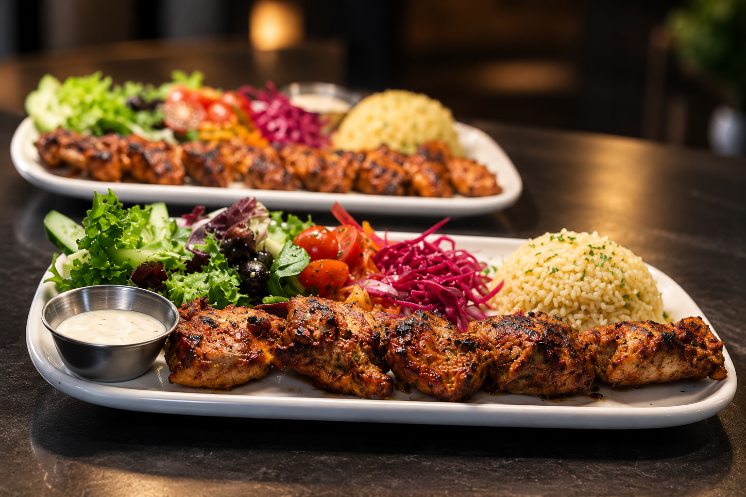 Charcoal-grilled chicken skewers with rice and fresh salad at Nova